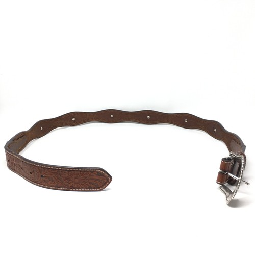 Nocona Western Belt Mens Size 40 Brown Tooled Leather Horse Hair Medallions - Picture 3 of 8