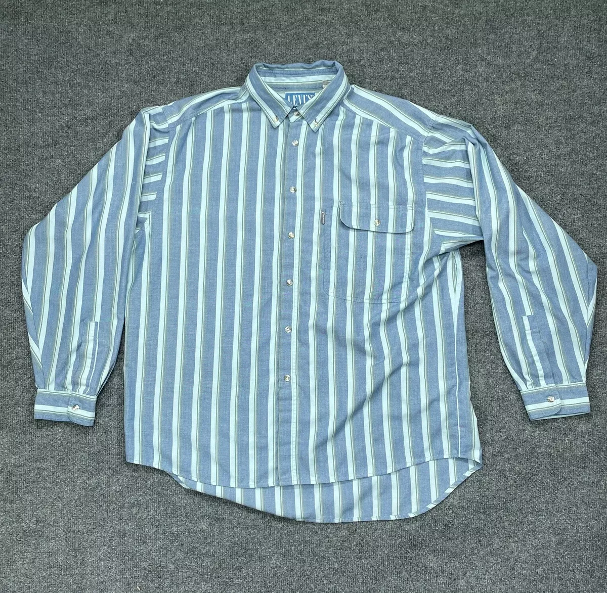 Vintage Levis Shirt Mens XL Blue Striped Button Up Long Sleeve Big E 80s 90s