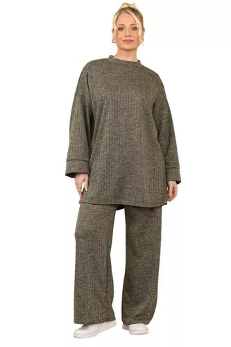 Women's 2 Pcs Needle Ribbed Long Sleeves Loungewear Set - Picture 4 of 6