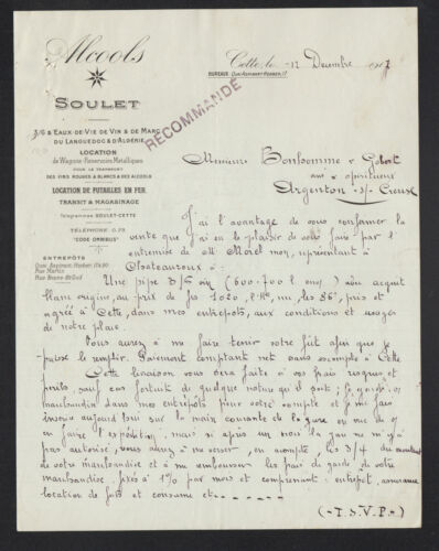 CETTE (34) VINS & ALCOOL "SOULET" Lettre en 1917 - Bild 1 von 1
