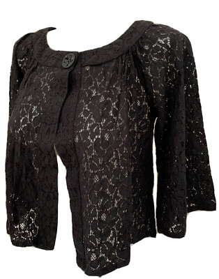 Solitaire Womens Blouse Sheer eyelet Cardigan Crop Top Cover Black Small Vintage