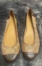 Coach Chelsea Tan Brown Leather  Canvas Logo Slip On Ballerina Ballet Flat 8.5