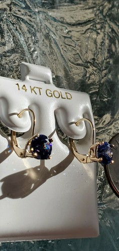 Tanzanite Labcreated Round Cut Dangle Leverback Earrings 14kt Solid Yellow Gold - Picture 4 of 12