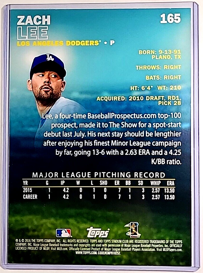 2016 Topps Stadium Club 5X7 золото No165 Зак Ли /10 дебютант RC LA Dodgers 7x5 - Изображение 2 из 3