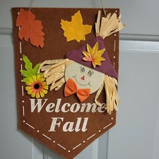 Welcome Fall Scarecrow Door Banner Sign - Fall- MultiColor with Brown Background