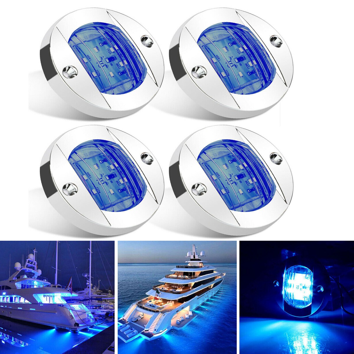 4X Blue Round 3" Marine Boat LED Stern Transom Lights Cabin Deck - Foto 2