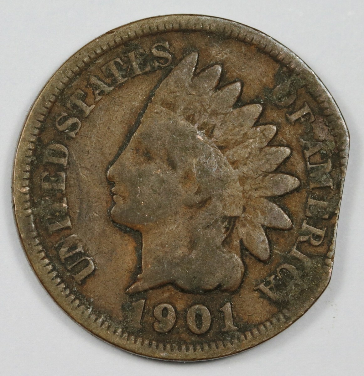 1901 Indian Head Cent. Error. Mint Made Clipped Planchet