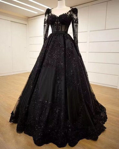 Gothic Black Wedding Dresses Long Sleeve Illusion Beaded Full Length Bridal Gown - Picture 2 of 9