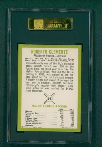 1963 Fleer Baseball Card - #56 Roberto Clemente SGC 8 NM/MT - Picture 2 of 2