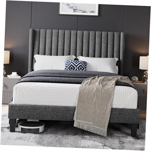 Full Bed Frame Upholstered Platform Bed with Fabric Headboard, Wing Edge