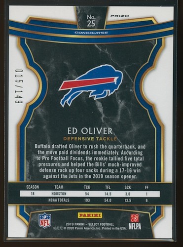 Ed Oliver 2019 Panini Select Concourse Maroon #25 Rookie RC /149 - Picture 2 of 2