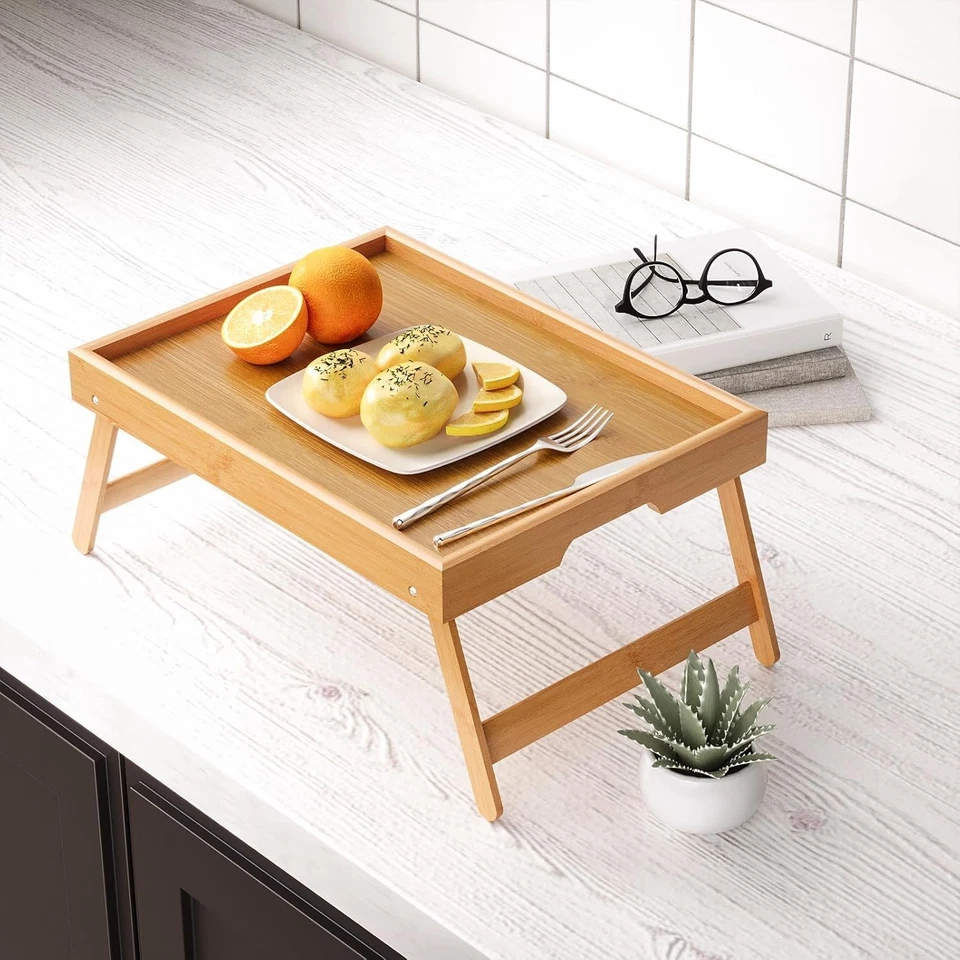 Mesa de cama de bambú con patas plegables (2 unidades), bandejas (natural) Foto 4 de 4