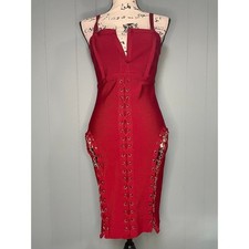 Fashion Nova Red Bandage Dress Lace Up Chain Detail Bodycon Midi Size L