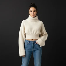 Helsa Cream Cropped Turtleneck Sweater - Size Medium