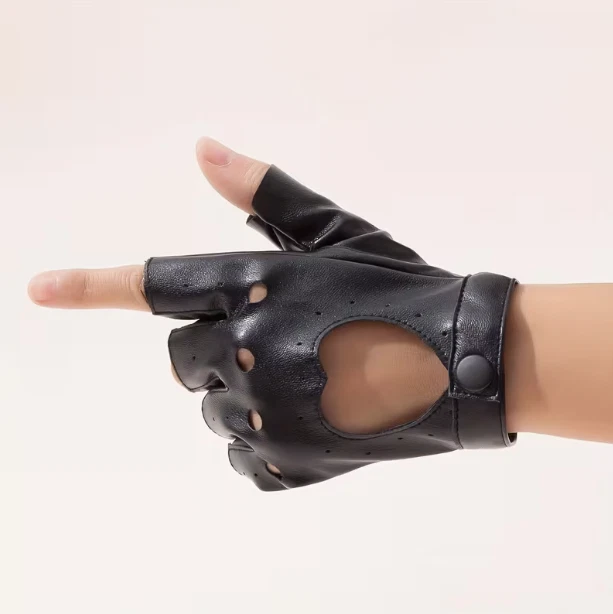 Envois 24h Paire de mitaines motard punk cuir synthétique noir Taille U gants - Photo 2/4