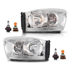 06-08 Ram 1500 06-09 2500 3500 Headlights w/Bulbs Light Bar Chrome Housing Pair