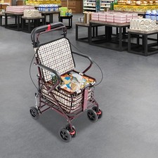 Storage Cart for Olders with Seat, Foldable Rolling Walker with Seat for Seniors