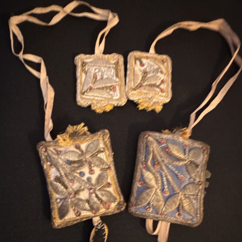 Antique Embroidered Christian Scapulars with Sacred Images, Set of 2 Handmade. 