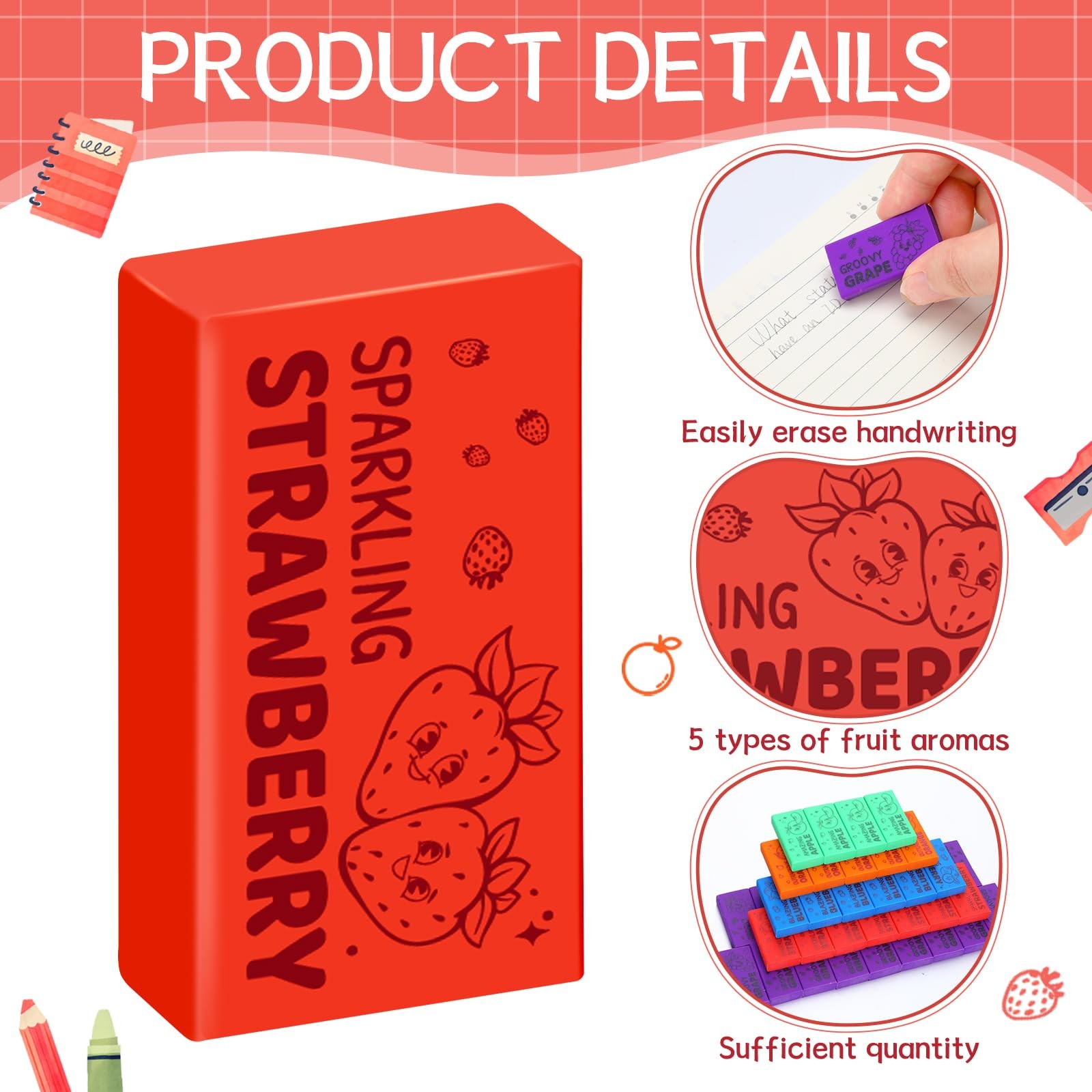 100 Pcs Fruit Scented Erasers Bulk Fun Assortment Erasers Gifts for Teacher R...