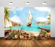 7X5Ft Fabric Beach Island Backdrop - Pirate Theme Party Decorations with Ship, T