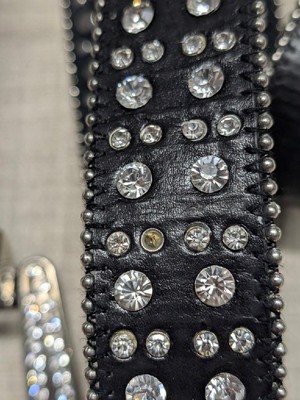 vintage Y2K buckle belt RHINESTONE studded 36 black leather  display picture 2