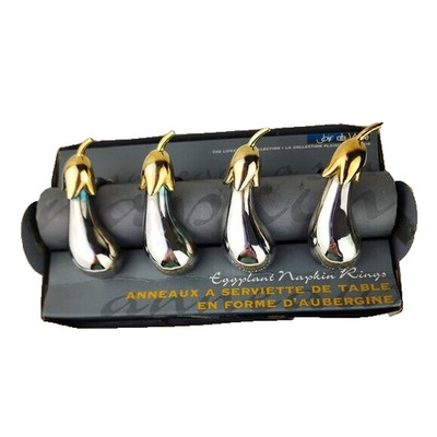 Joie de Vivre Silver and Goldtone 4 Piece Set Eggplant Napkin Rings NIB