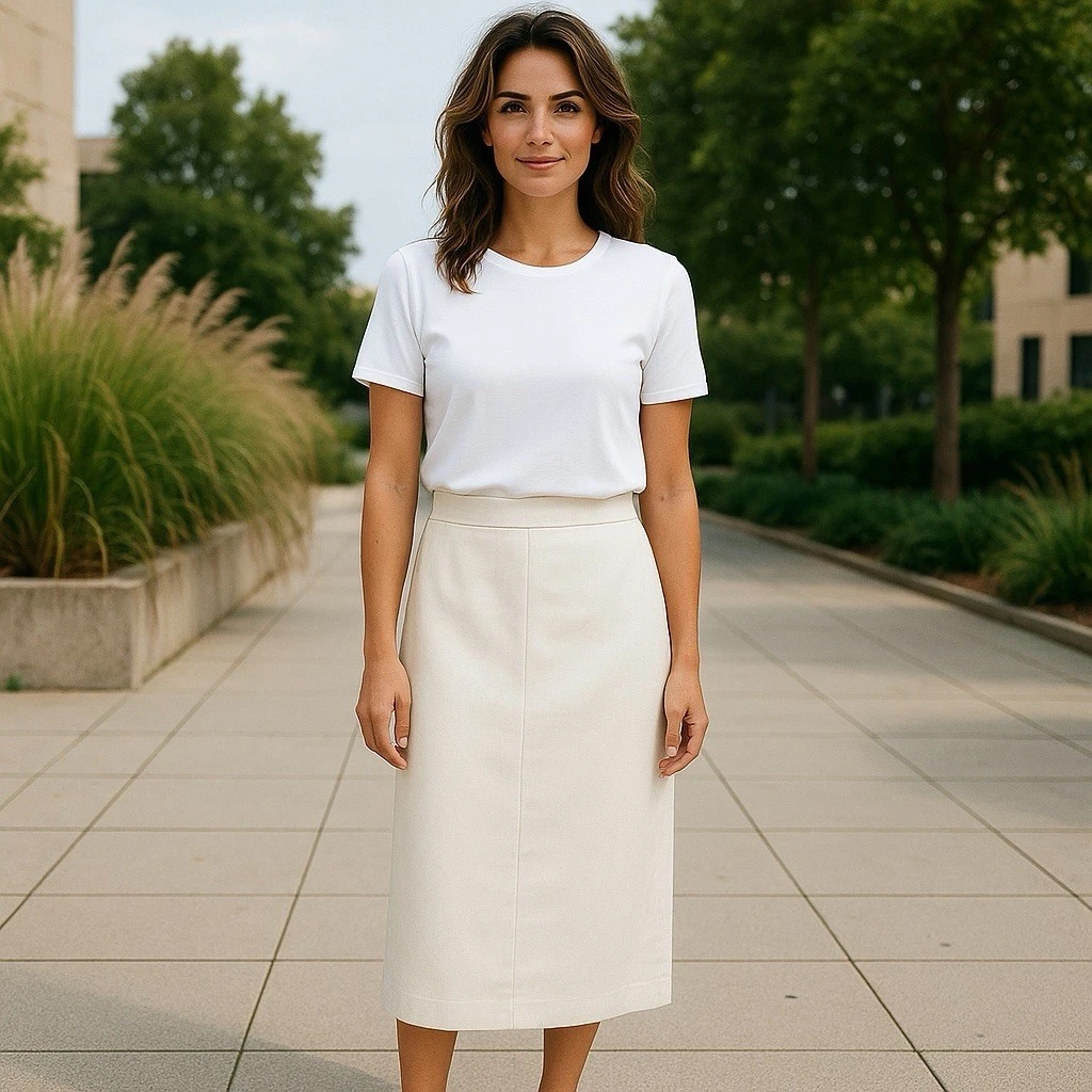 Cache 100% Linen Skirt Size 14 MIDI Pencil Lined Ivory Career Capsule Back Slit