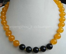Natural 8/10/12mm Yellow Jade & Black Agate Round  GemstoneBeads Necklace 18''