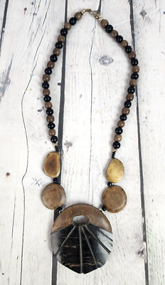 Large Beaded Chunky Beach Island Style Necklace Pendant Costume Jewelry Brown