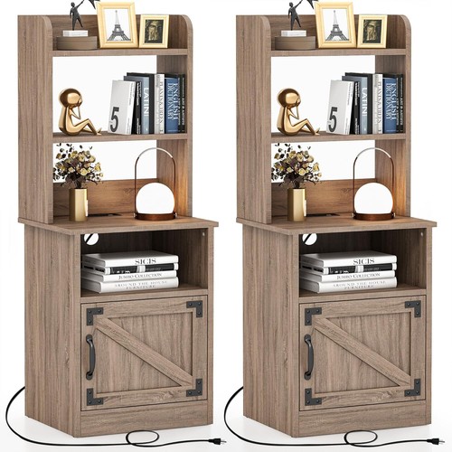 Nightstand, Tall Bedside Table with Charging Station & Adjustable Open Bookshelf - Picture 8 of 10