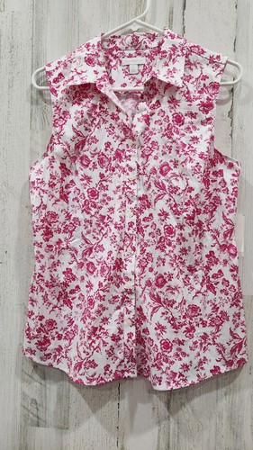 CHARTER CLUB White & Pink Floral Print Button Front Sleeveless Blouse Size 12