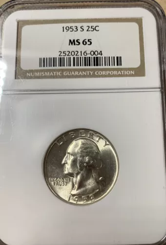 1953-S 25C WASHINGTON QUARTER, NGC MS-65, GEM LUSTER!