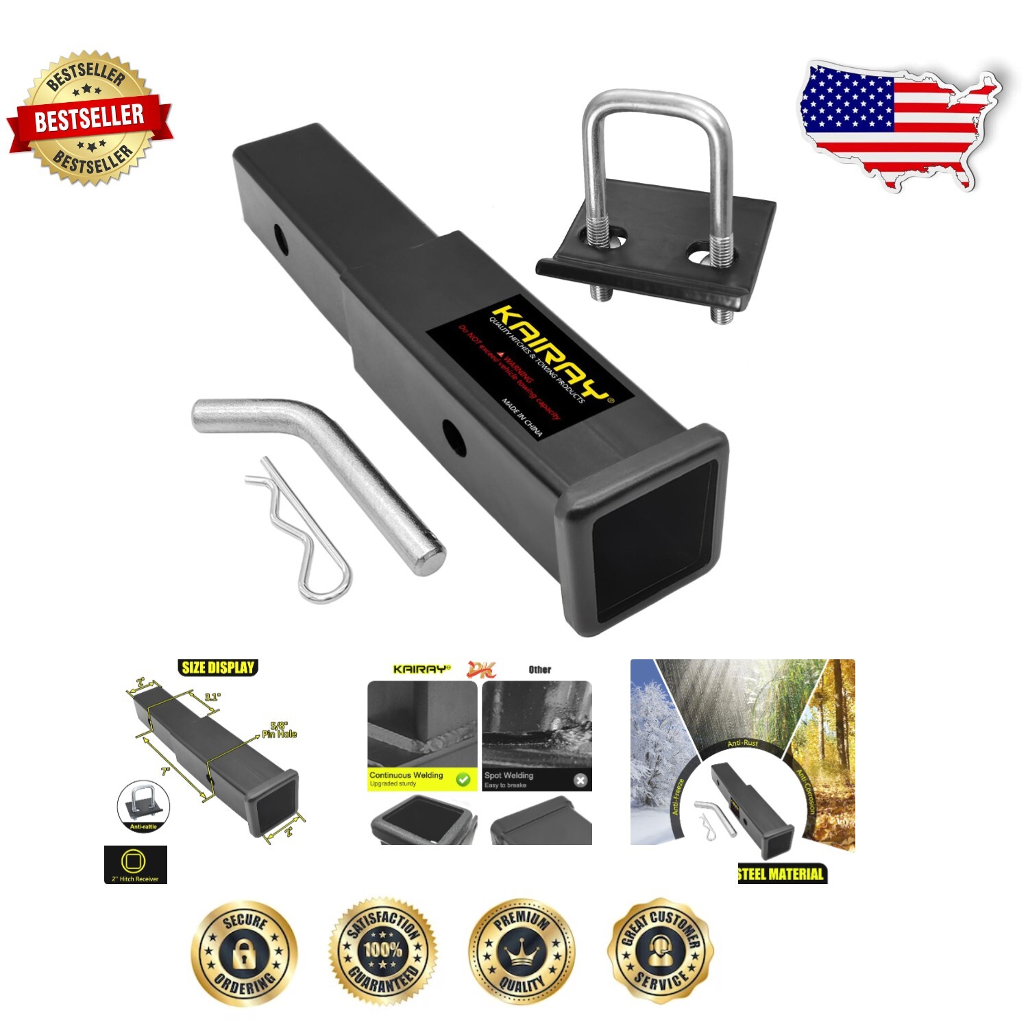 Durable Alloy Steel Trailer Hitch Extender with 5/8 Inch Hitch Pin & Clips