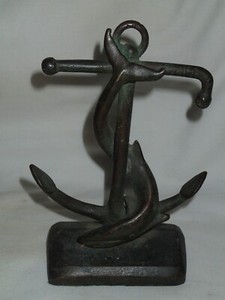 ANTIQUE MASS USA W. F. BOOGAR SEA ANCHOR WHALE BRONZE STATUE SCULPTURE BOOKEND