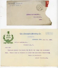 1895 Champlin Printing Co Letter Columbus OH to Circleville Lodge Albert Vawters