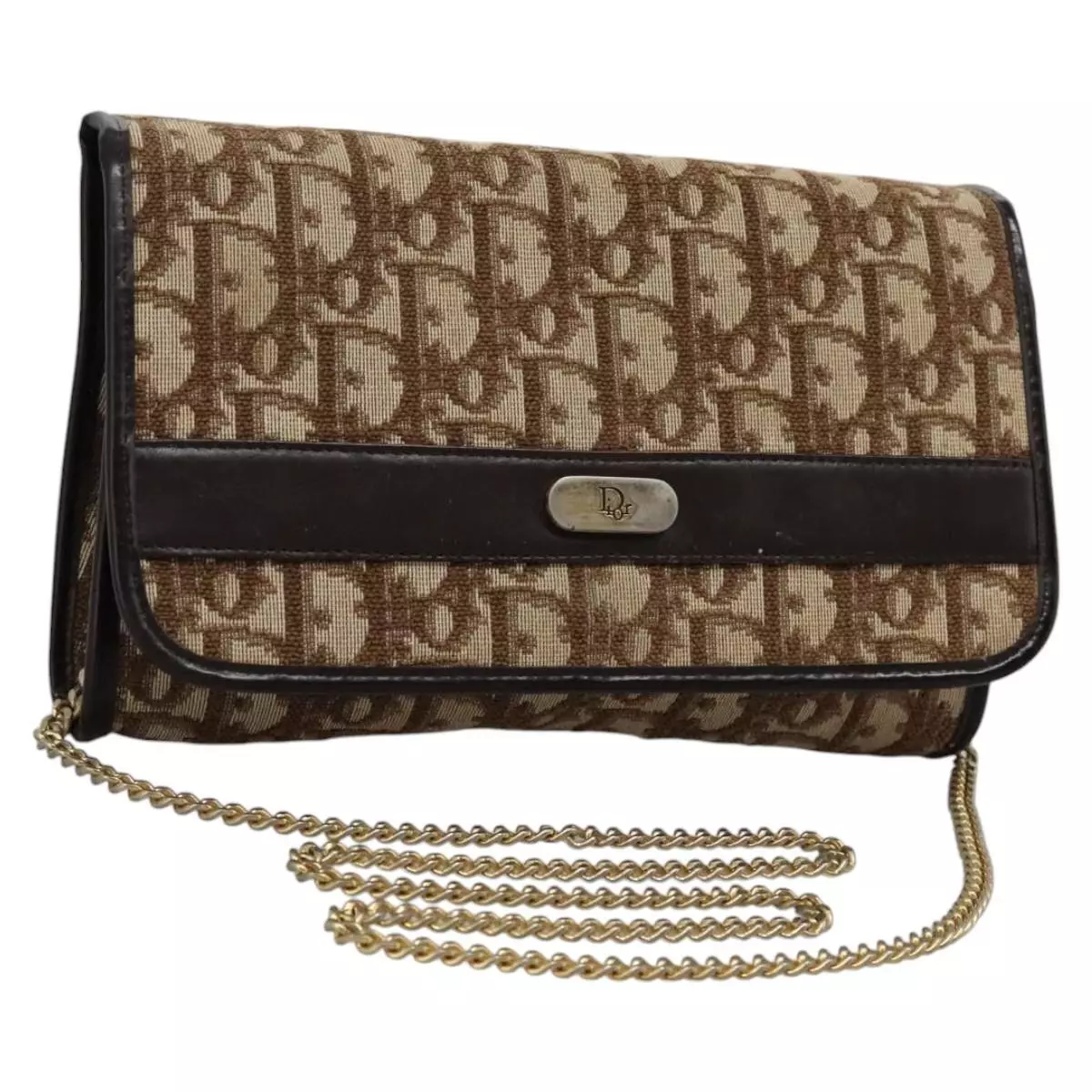 Sac bandoulière chaîne toile Christian Dior trotteur marron or authentique KD045