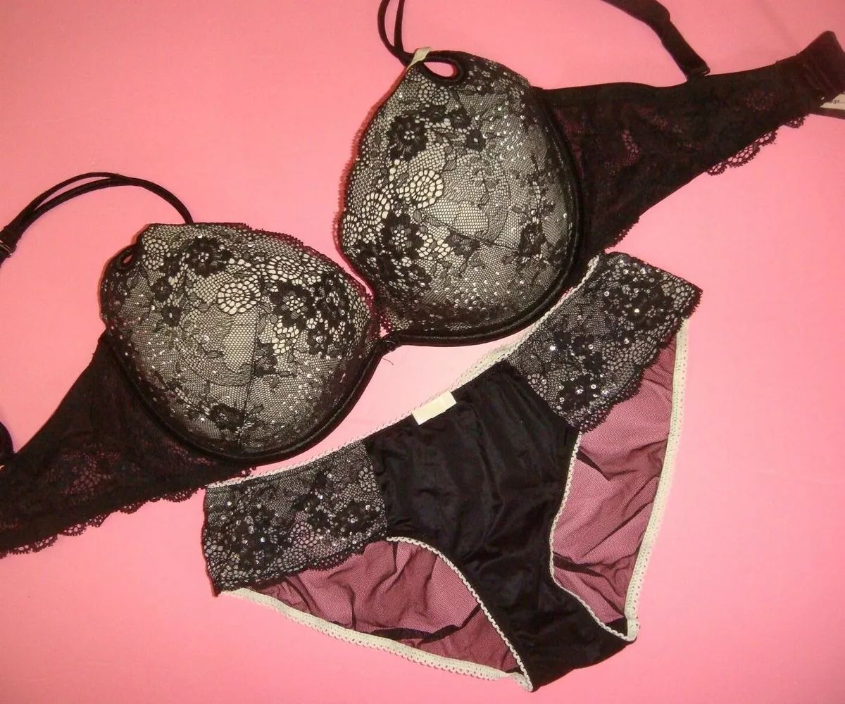 Victoria's Secret 34DD BRA SET M panty Black Silver White crystallized  GORGEOUS