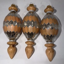 3 Tear Drop Christmas Ornaments Silver With Brown Faux Wood Design 7" T