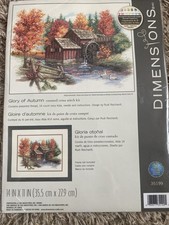 New Dimensions Counted Cross Stitch Kit 35199 Glory Of Autumn Water Mill 14x11