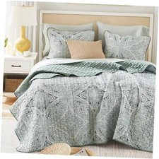 Boho Quilt Set Queen Reversible Vermicelli Full/Queen 90 in x 90 in Green