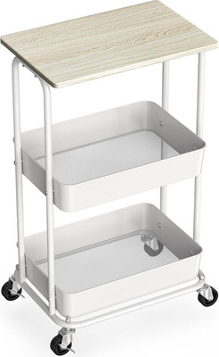 2-Tier Rolling Utility Cart with Lockable Wheels and Wood Top, Metal Storage Org