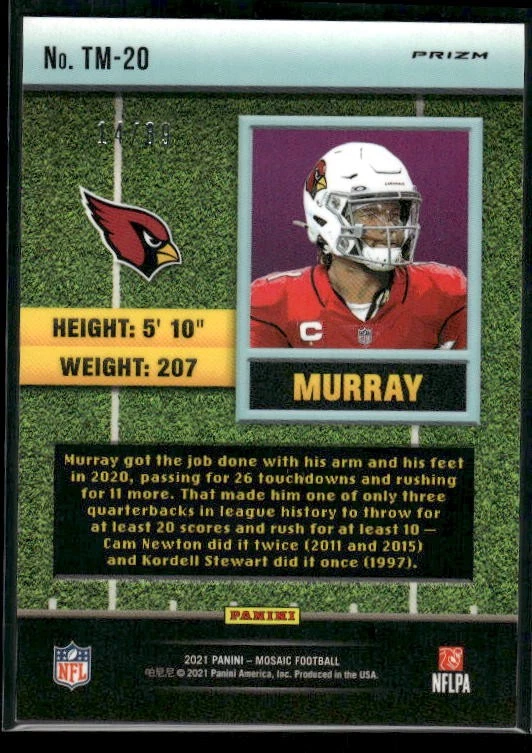 2021 Pan #TM-20 Kyler Murray Touchdown Masters Mosaic Reactive Yellow - Image 2 of 2