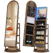Gurexl 360° Swivel Arched Mirror Jewelry Cabinet with Storage Shelves- for Girls