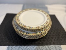 J.P. Pouyat Limoges Set 8 Plates c1900 Jeweled Cobalt Floral Gold Rim READ