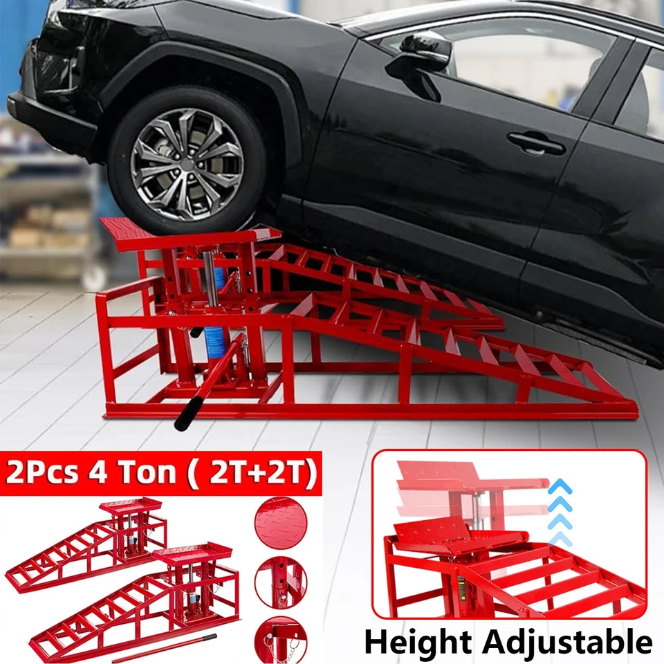 2 x Heavy Duty Metal Car Ramp Lift Height Adjustable 4Ton Hydraulic Jack Garage