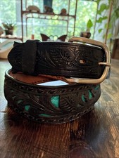 Vintage Women  s Circle Y Black Tooled Belt With Teal Sz 32 Small Made In Texas