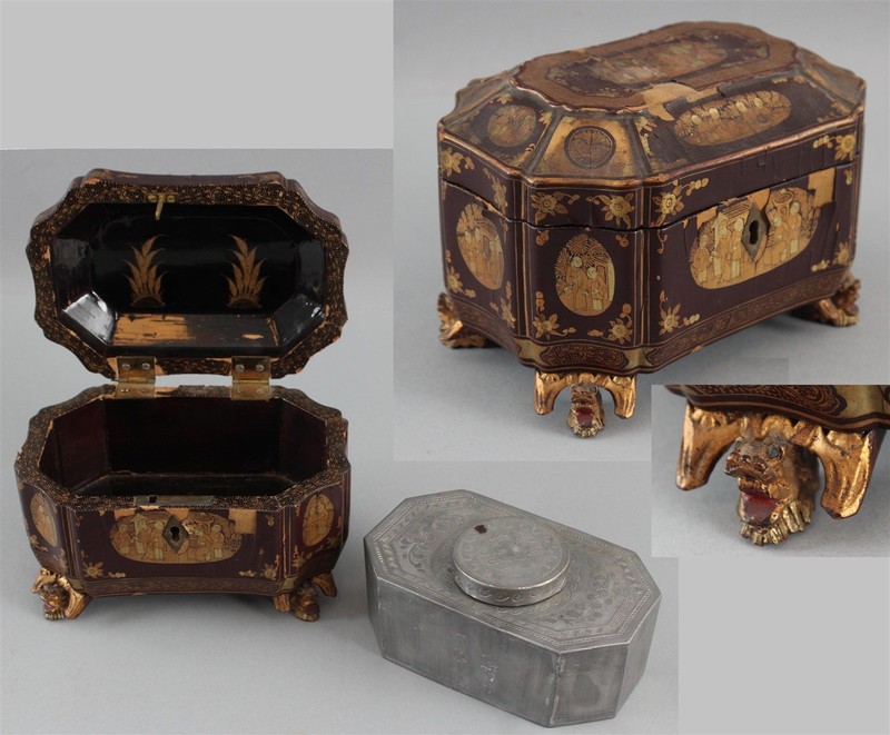 Antique 19thC Chinese Export Painted Lacquer Dragon Head Tea Caddy Pewter Chest