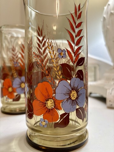 Set of 4 Vintage Libbey Glass Tumblers, 1970s Floral Autumn Wheat Pattern 6 in - Picture 9 of 9