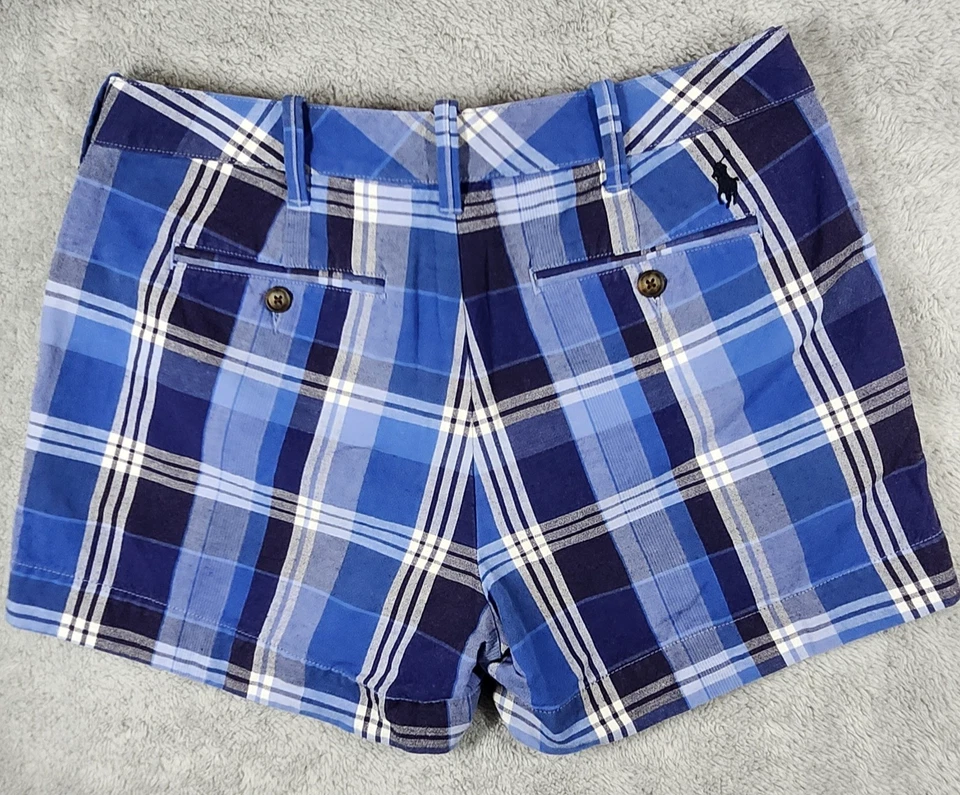 Pantalones Cortos Polo Ralph Lauren Para Mujer 4 Azul Cuadros Mezcla de Lino Poni Preppy Clásico Foto 3 de 4