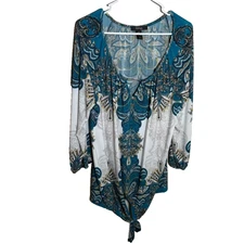 Style & Co Blouse Women's 1X Round Neck Keyhole 3/4 Sleeve Printed Tie Top